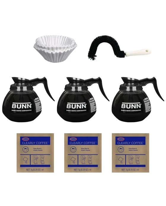 BUNN® Bunn Glass Pots (3 Pack), 100 CF12 Filters, Cleaning Brush And Urnex (3 Pack) 1 BUNN® Bunn Glass Pots (3 Pack), 100 CF12 Filters, Cleaning Brush And Urnex (3 Pack)