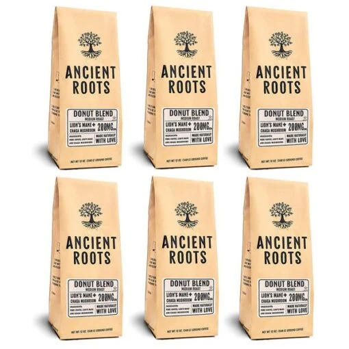 Ancient Roots Donut Shop Medium Roast Flavored Mushroom Ground Coffee6/12 Oz Bags