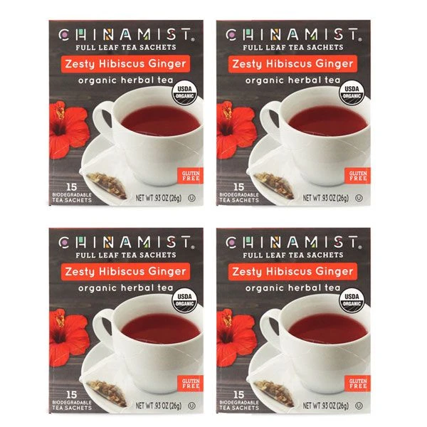 China Mist - Zesty Hibiscus Ginger Organic Black Full Leaf Tea Sachet, 4 Boxes 15 Count Each 1 China Mist - Zesty Hibiscus Ginger Organic Black Full Leaf Tea Sachet, 4 Boxes 15 Count Each
